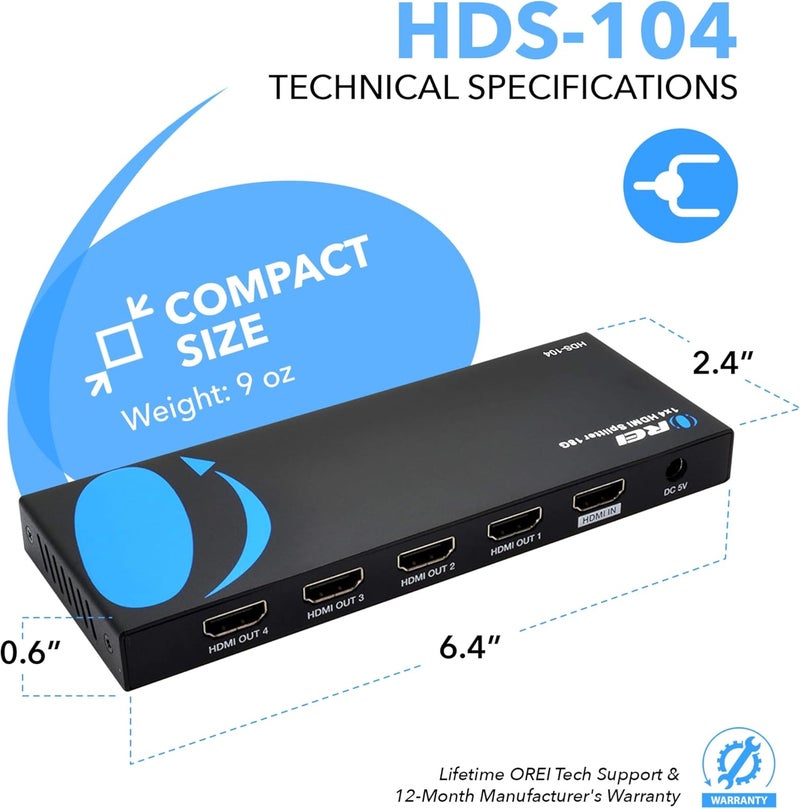 OREI HDMI Splitter 1 in 4 Out – 4K@60Hz HDMI 2.0 Splitter with HDCP 2.2, EDID Management, and LPCM/Dolby/DTS Audio Support – Compact Plug & Play Design - Image 5